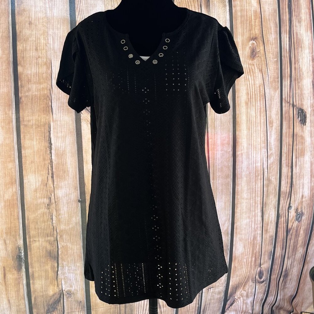 TEMOFON Black V Neck Tunic Top Women Size Large